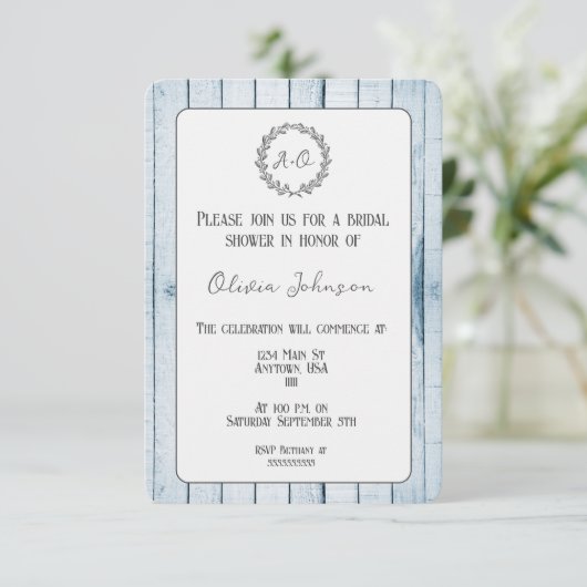 Blue Rustic Monogram Bridal Shower Kaart (Staand voorkant)