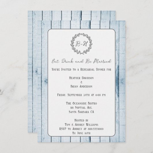 Blue Rustic Monogram repetitief diner uitnodiging (Voorkant / Achterkant)