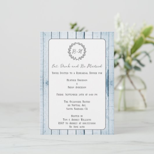 Blue Rustic Monogram repetitief diner uitnodiging (Staand voorkant)