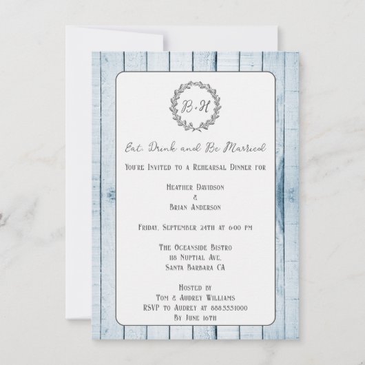 Blue Rustic Monogram repetitief diner uitnodiging (Voorkant)