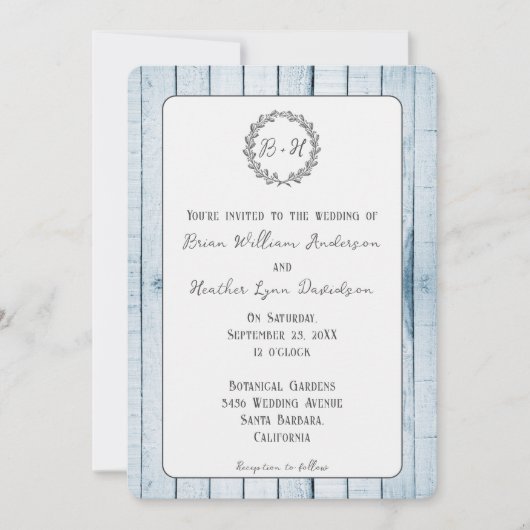 Blue Rustic Monogram Wedding Uitnodiging (Voorkant)