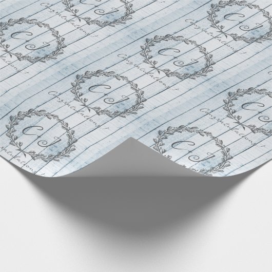 Blue Rustic Monogram Wedding Wrapping Paper Cadeaupapier (Hoek)