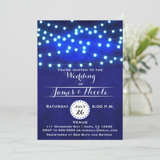 Blue Rustic Night String Lights Wedding Uitnodigin Kaart (Staand voorkant)
