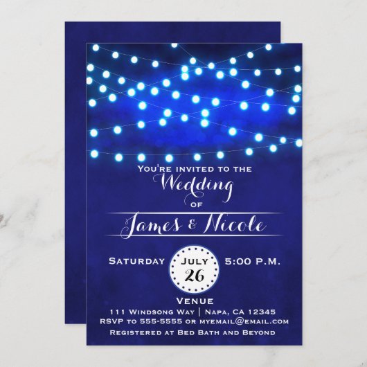 Blue Rustic Night String Lights Wedding Uitnodigin Kaart (Voorkant / Achterkant)
