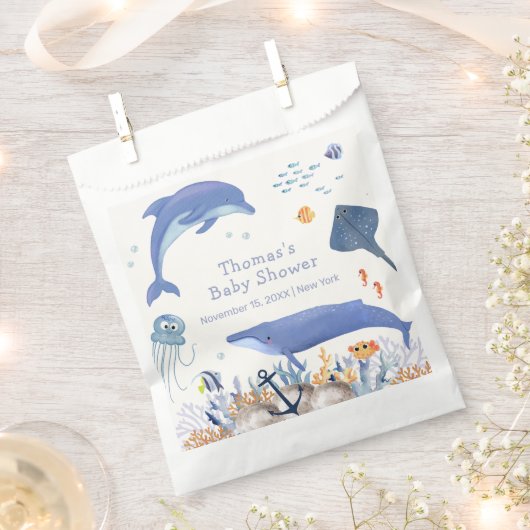 Blue Rustic Ocean Dolphin Whale Boy Baby shower Bedankzakje (Geknipt)