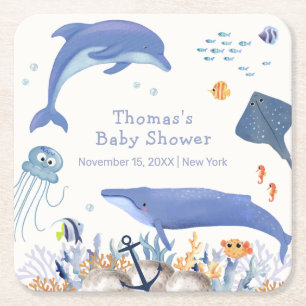 Blue Rustic Ocean Dolphin Whale Boy Baby shower Kartonnen Onderzetters