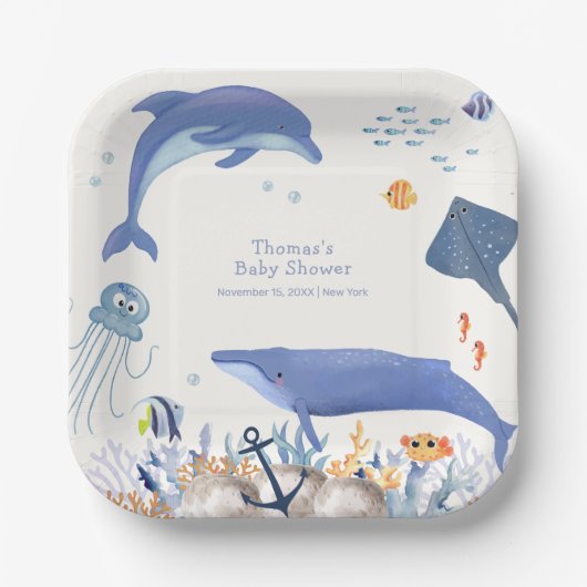 Blue Rustic Ocean Dolphin Whale Boy Baby shower Papieren Bordje (Voorkant)