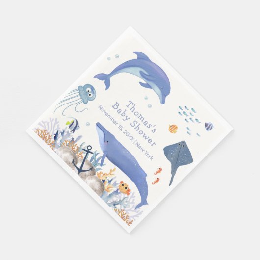 Blue Rustic Ocean Dolphin Whale Boy Baby shower Servet (Hoek)