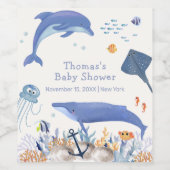 Blue Rustic Ocean Dolphin Whale Boy Baby shower Wijn Etiket (Enkel label)