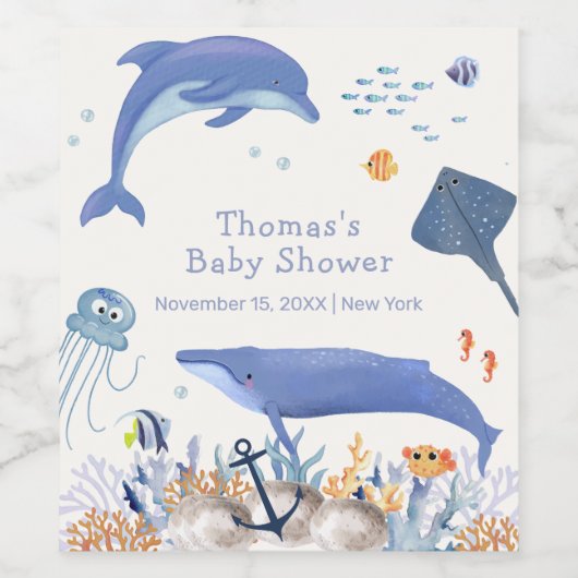 Blue Rustic Ocean Dolphin Whale Boy Baby shower Wijn Etiket (Enkel label)