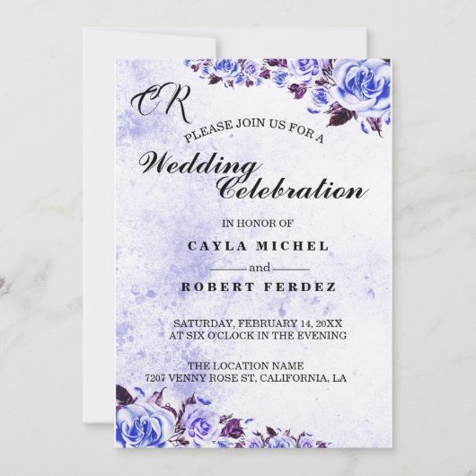 Blue Rustic Paars Roos Wedding Invitation Kaart (Voorkant)
