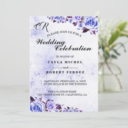 Blue Rustic Paars Roos Wedding Invitation Kaart (Staand voorkant)