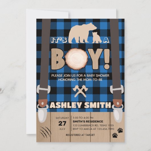 Blue Rustic Plaid Lumberjack Baby shower Kaart (Voorkant)