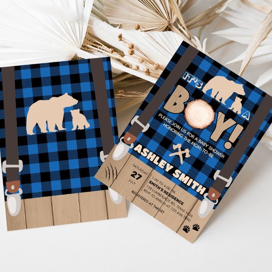 Blue Rustic Plaid Lumberjack Baby shower Kaart