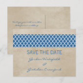 Blue Rustic Quatrefoil Save the Date Briefkaart (Voorkant / Achterkant)