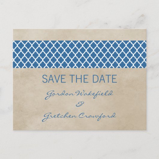 Blue Rustic Quatrefoil Save the Date Briefkaart (Voorkant)