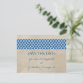 Blue Rustic Quatrefoil Save the Date Briefkaart (Staand voorkant)