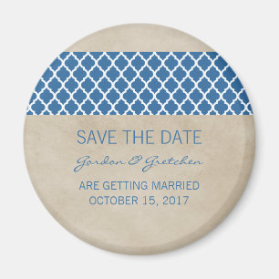 Blue Rustic Quatrefoil Save the Date Magnet