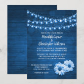 Blue Rustic String Lights Daisy Wedding Invitation Kaart (Voorkant / Achterkant)