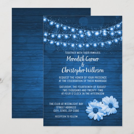 Blue Rustic String Lights Daisy Wedding Invitation Kaart (Voorkant / Achterkant)