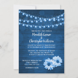 Blue Rustic String Lights Daisy Wedding Invitation Kaart