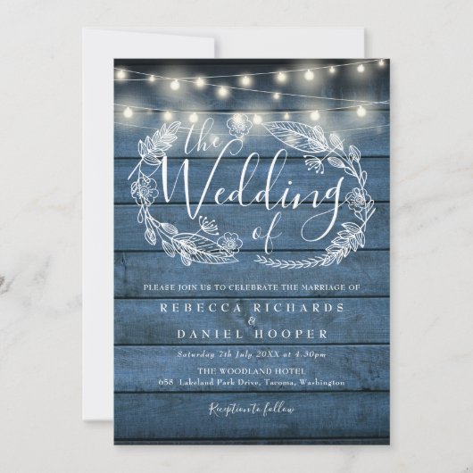 Blue Rustic String Lights Floral Photo Wedding Kaart (Voorkant)