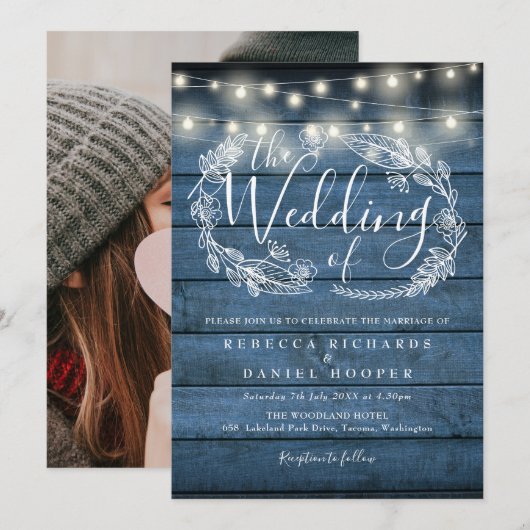 Blue Rustic String Lights Floral Photo Wedding Kaart (Voorkant / Achterkant)