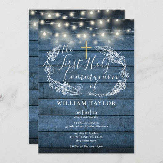 Blue Rustic String Lights Foliage First Community Kaart (Voorkant / Achterkant)