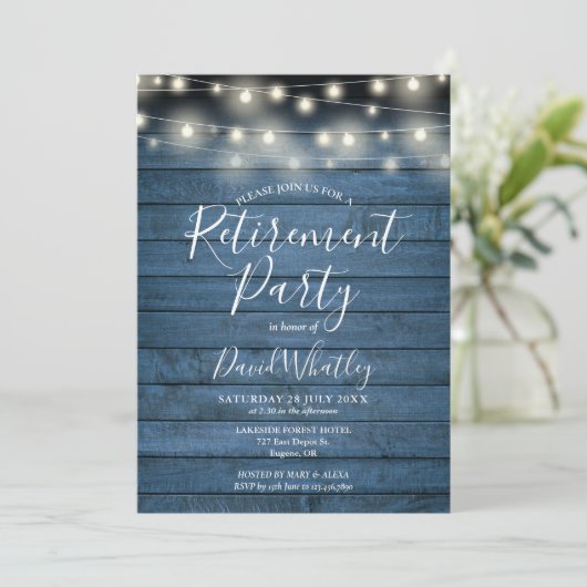 Blue Rustic String Lights Foto Retirement Party Kaart (Staand voorkant)