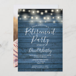 Blue Rustic String Lights Foto Retirement Party Kaart