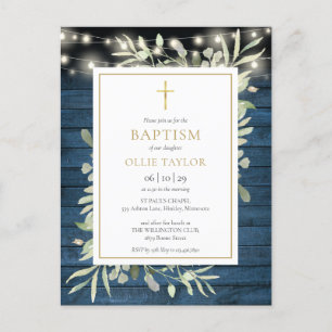 Blue Rustic String Lights Greenery Baptism Uitnodiging Briefkaart