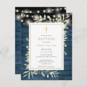 Blue Rustic String Lights Greenery Baptism Uitnodiging Briefkaart (Voorkant / Achterkant)