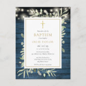 Blue Rustic String Lights Greenery Baptism Uitnodiging Briefkaart (Voorkant)