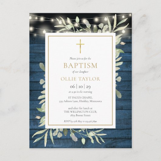 Blue Rustic String Lights Greenery Baptism Uitnodiging Briefkaart (Voorkant)