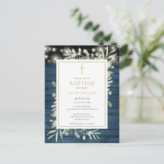 Blue Rustic String Lights Greenery Baptism Uitnodiging Briefkaart (Staand voorkant)