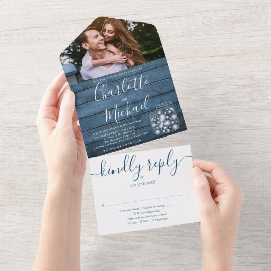 Blue Rustic String Lights Mason Jars Photo Wedding All In One Uitnodiging (Afscheurbaar)