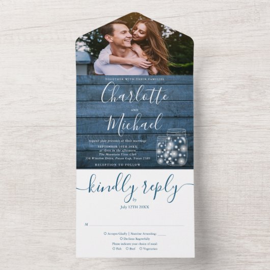 Blue Rustic String Lights Mason Jars Photo Wedding All In One Uitnodiging (Binnen)