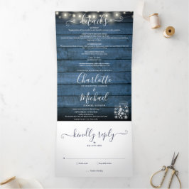 Blue Rustic String Lights Mason Jars Photo Wedding Drieluik Uitnodiging