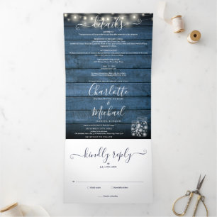 Blue Rustic String Lights Mason Jars Photo Wedding Drieluik Uitnodiging