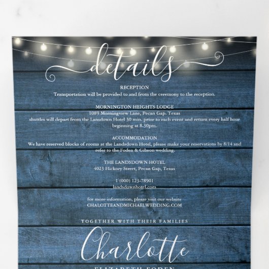 Blue Rustic String Lights Mason Jars Photo Wedding Drieluik Uitnodiging (Binnenzijde eerst)