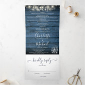 Blue Rustic String Lights Mason Jars Photo Wedding Drieluik Uitnodiging (Binnen)