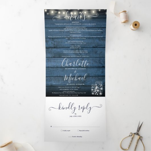 Blue Rustic String Lights Mason Jars Photo Wedding Drieluik Uitnodiging (Binnen)