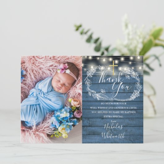 Blue Rustic String Lights Photo Baptism Bedankkaart (Staand voorkant)
