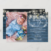 Blue Rustic String Lights Photo Baptism Bedankkaart (Voorkant / Achterkant)