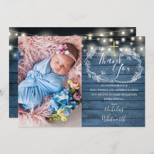 Blue Rustic String Lights Photo Baptism Bedankkaart (Voorkant / Achterkant)