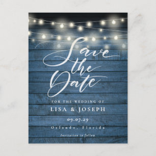Blue Rustic String Lights QR Code Save the Date Briefkaart