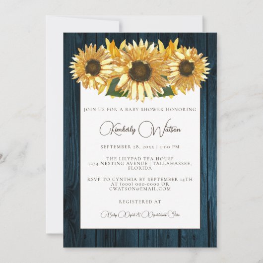 Blue Rustic Sunflower Baby shower Invitation Kaart (Voorkant)
