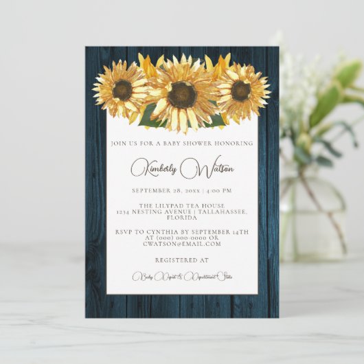 Blue Rustic Sunflower Baby shower Invitation Kaart (Staand voorkant)