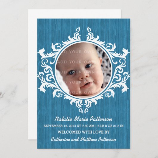 Blue Rustic Swirls Baby kondiging Aankondiging (Voorkant / Achterkant)