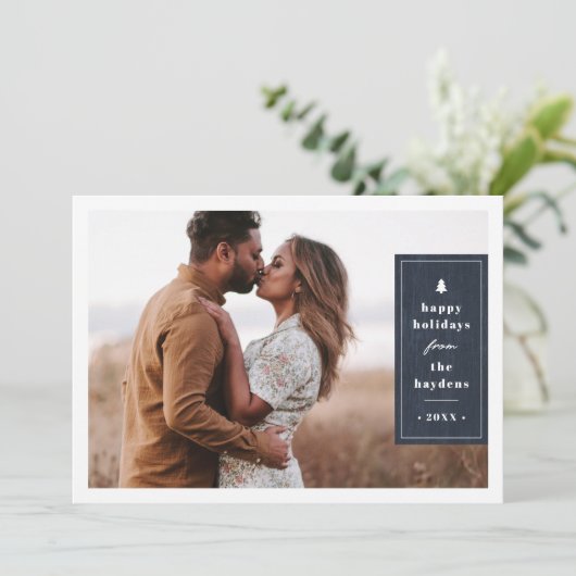 Blue Rustic Tree Woodgrain Christmas Photo Card Kaart (Staand voorkant)